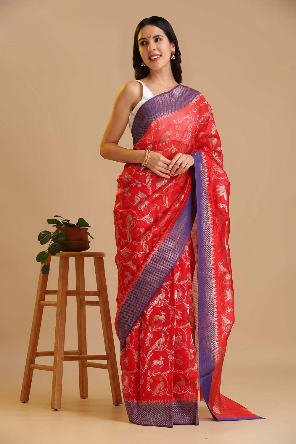 Full-length studio view of a model wearing the red handwoven Chanderi pattu silk saree with silver zari elephant motifs and blue border, styled with traditional silver jewelry