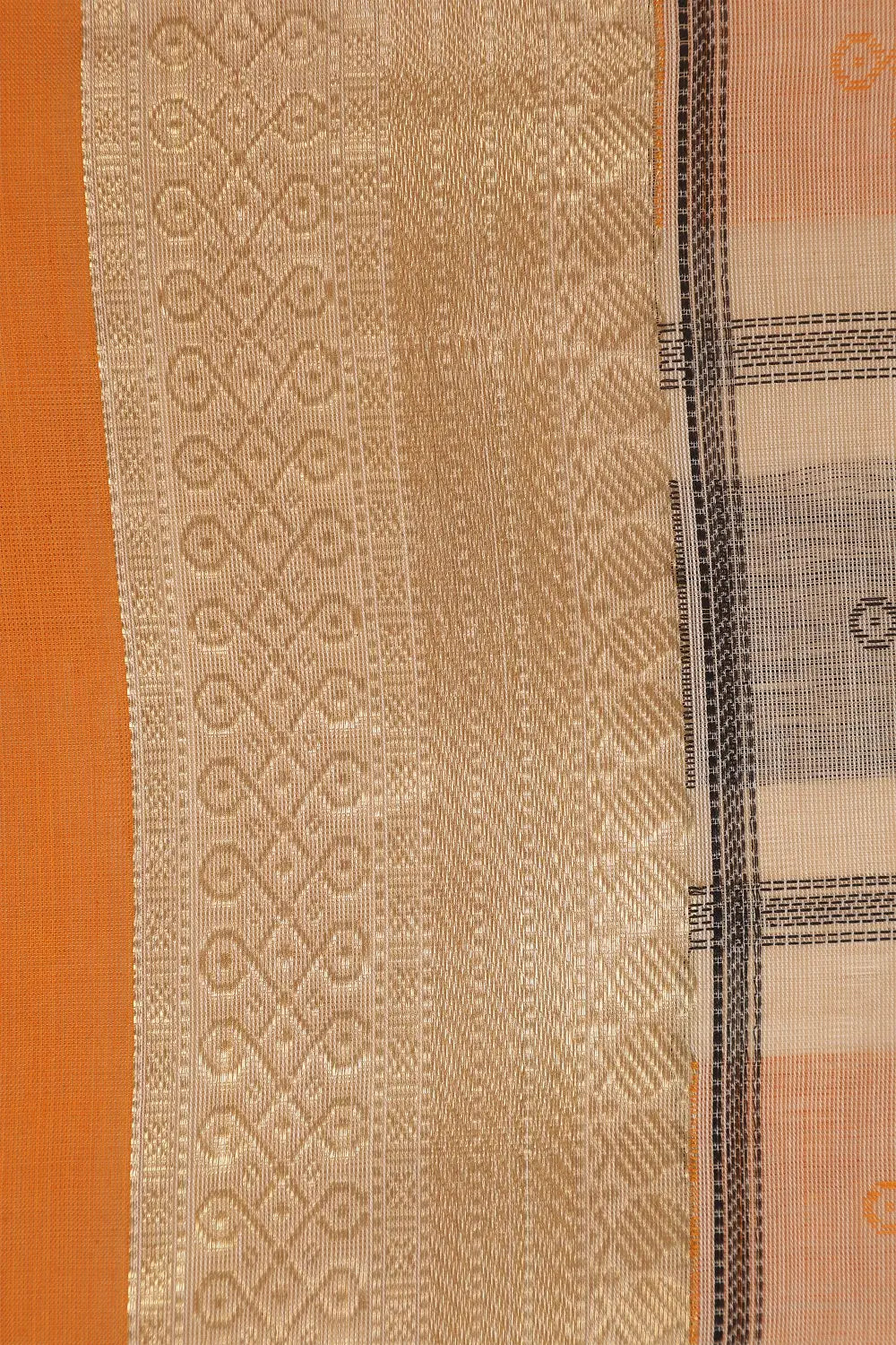 Detailed view of the traditional pit loom weave and gold zari edge detailing