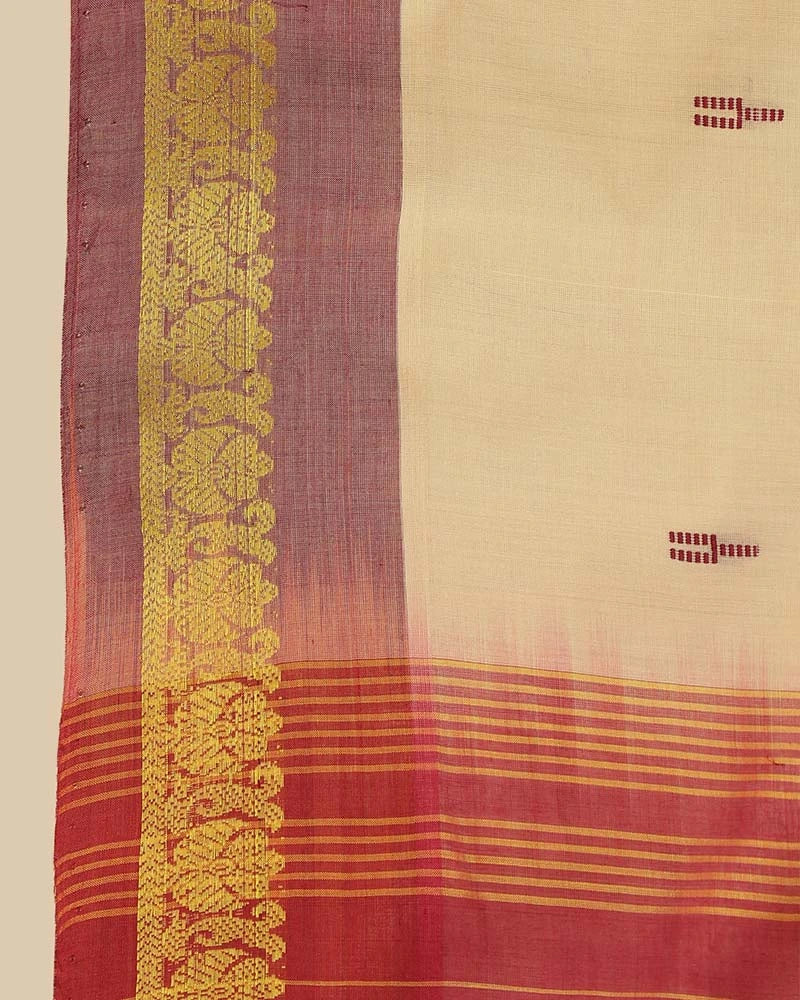 Close-up fabric shot highlighting the mustard border framed with fine grey accents and subtle mustard buti motifs on the ivory cream weave
