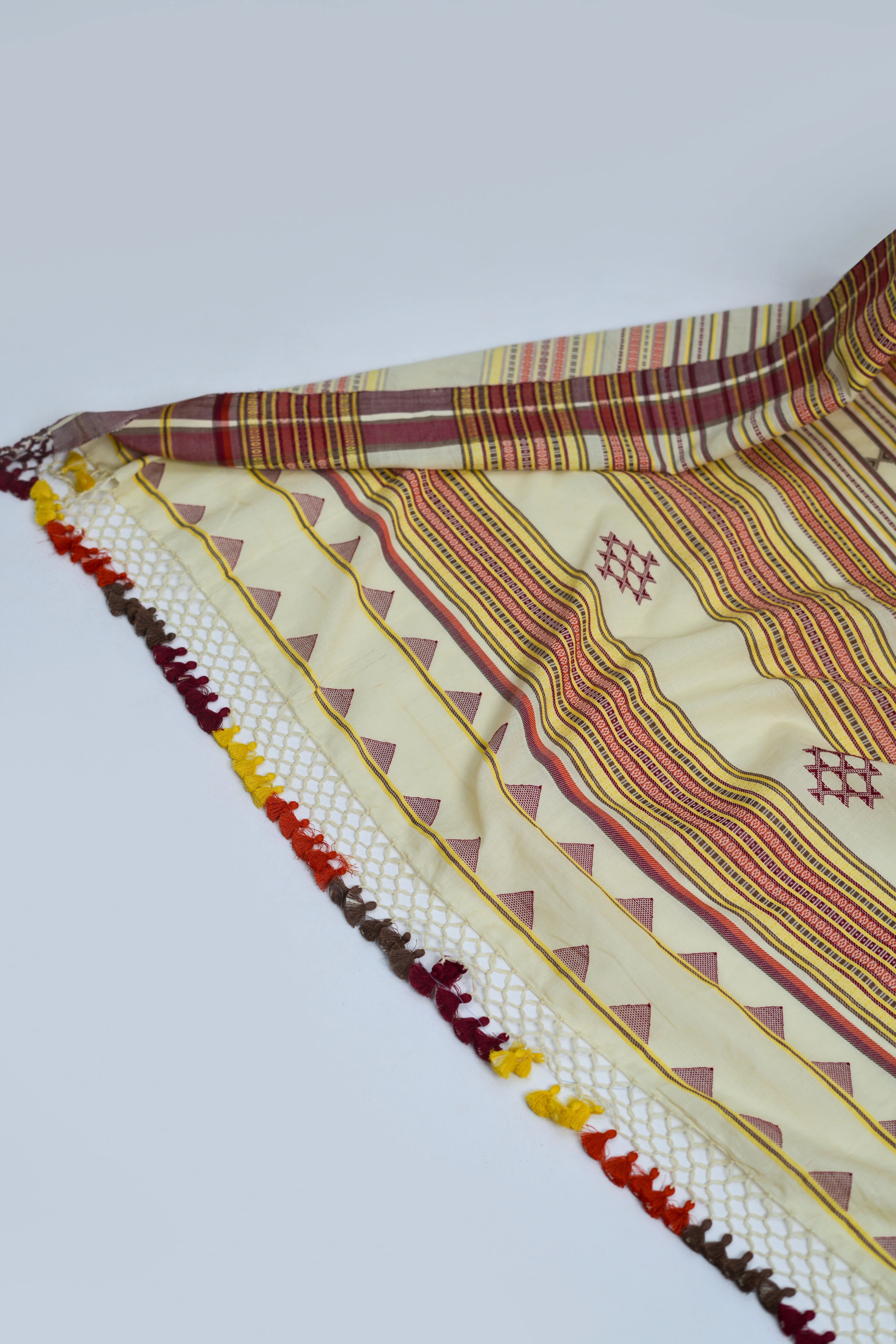 Detailed close-up of the multi-coloured horizontal stripe pallu, wave patterns, and vibrant tassel fringe
