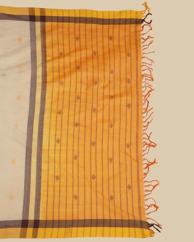 Detailed close-up of the vibrant mustard pallu featuring classic woven checks, traditional motifs, and hand-tied tassel fringe