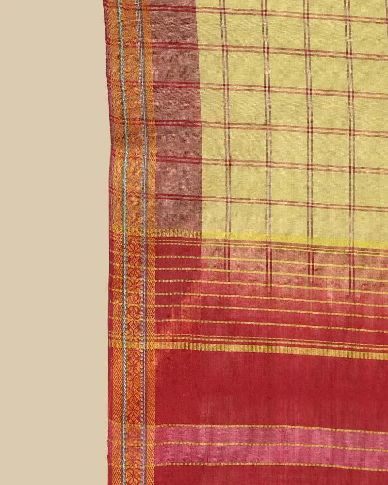 Close-up fabric shot highlighting the meadow yellow checked body weave paired with the warm rust and maroon border lines