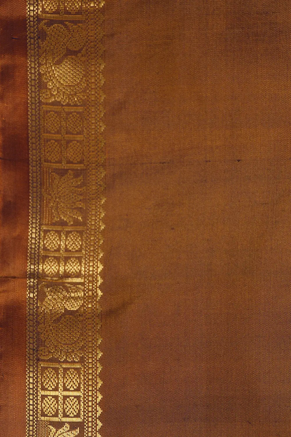Detailed view of the traditional border pattern and gold zari craftsmanship