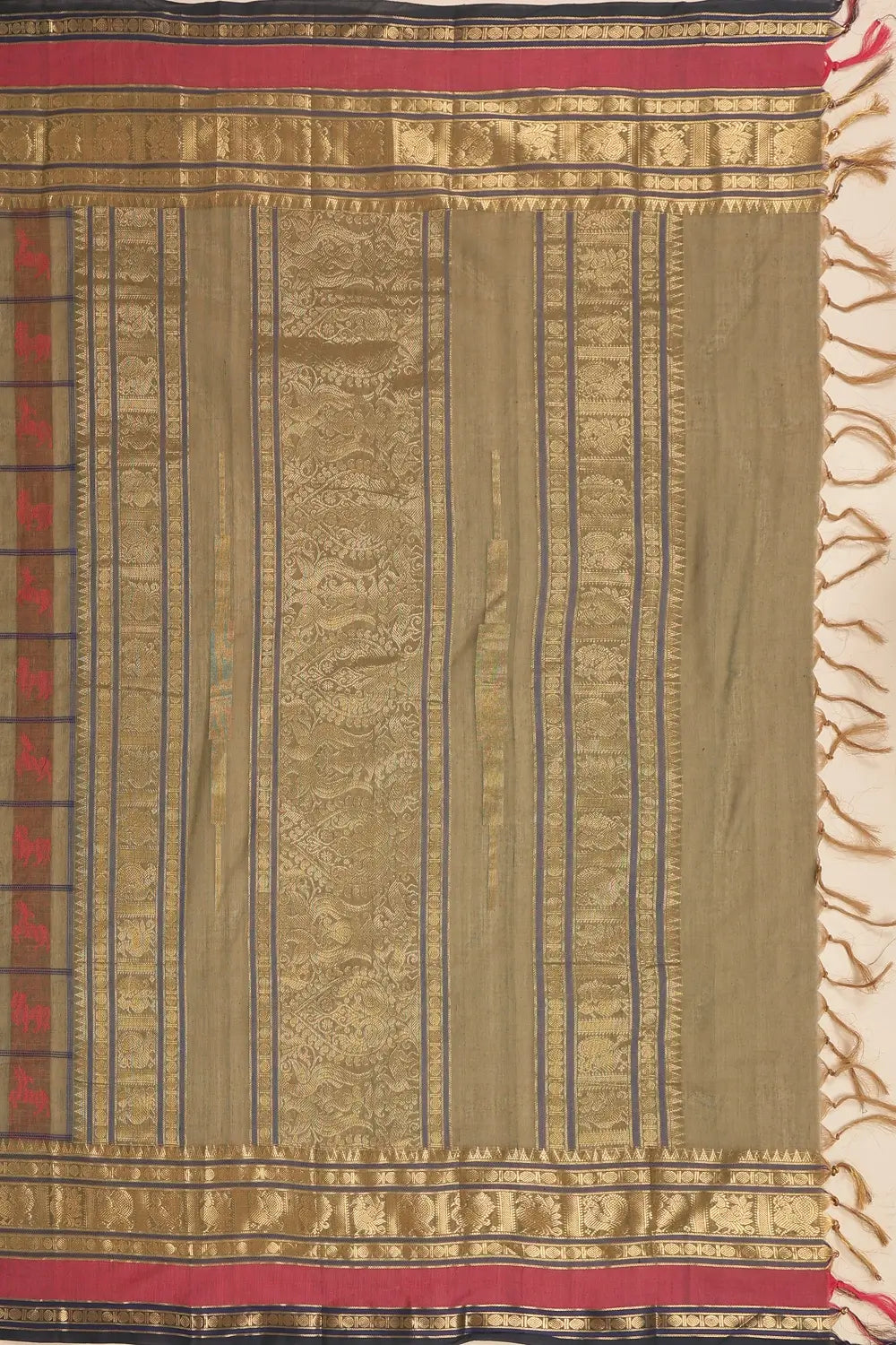 Folded view showcasing the texture, drape, and rich border details of the earth green Kanchipuram cotton saree