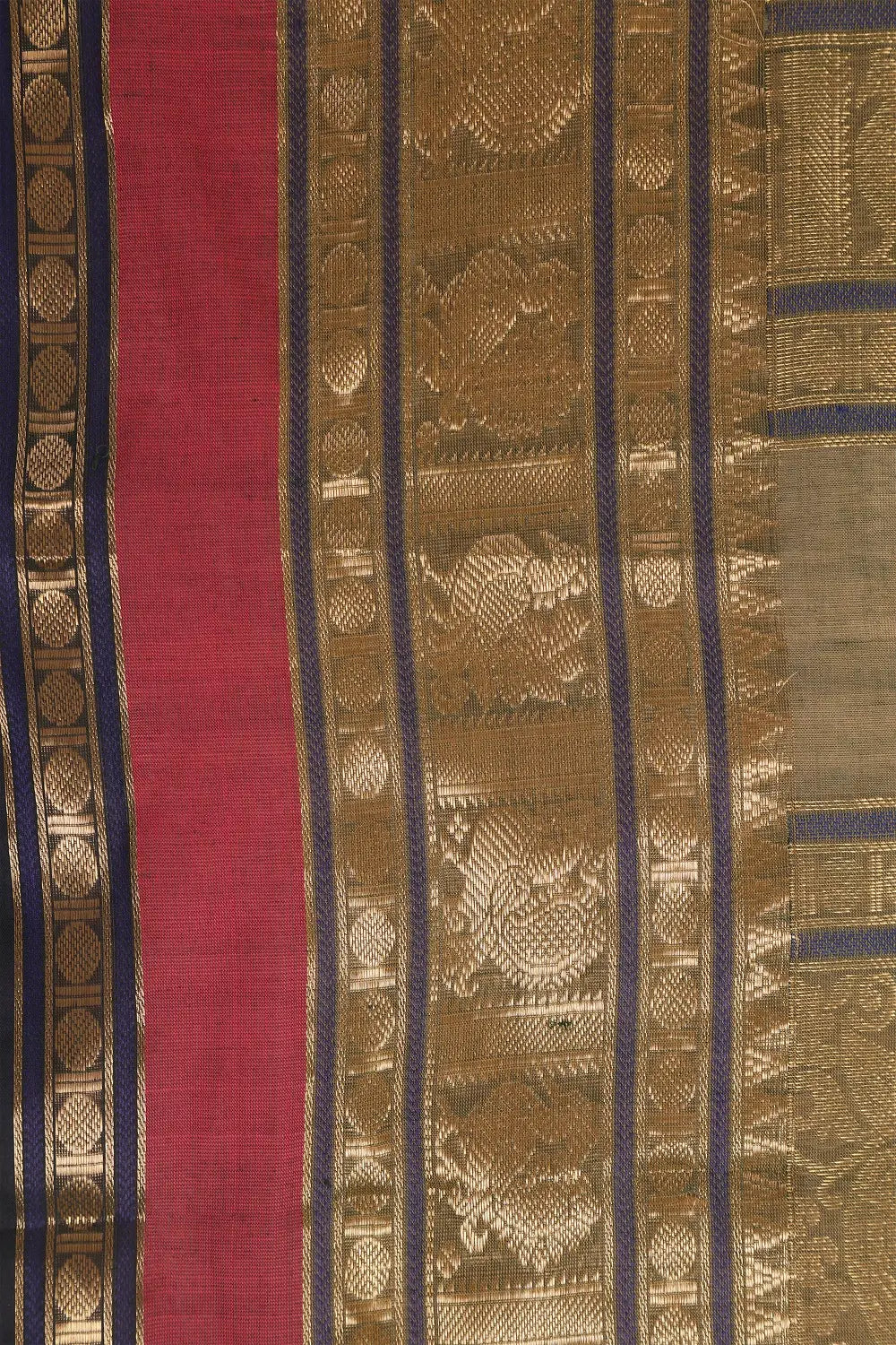 Detailed view of the striped pallu and gold zari weave details of the Kanchipuram cotton saree