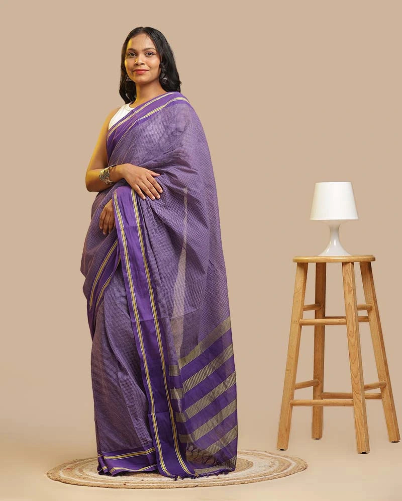 Full length view of the Royal Violet Udupi handloom saree showing the pallu stripes and traditional drape