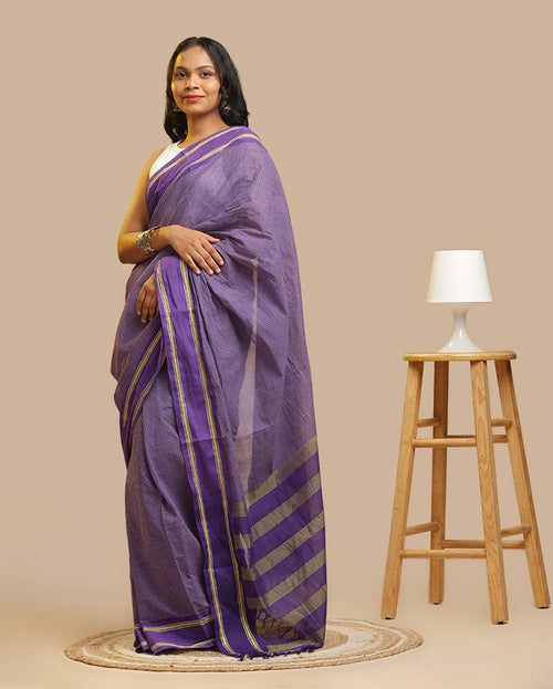 Full length view of the Royal Violet Udupi handloom saree showing the pallu stripes and traditional drape