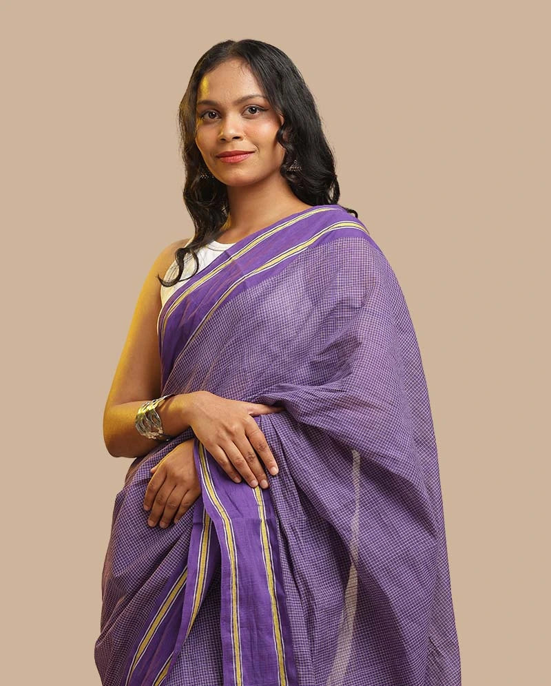 Royal Violet Udupi Cotton Saree with mustard border and micro check pattern worn by a model