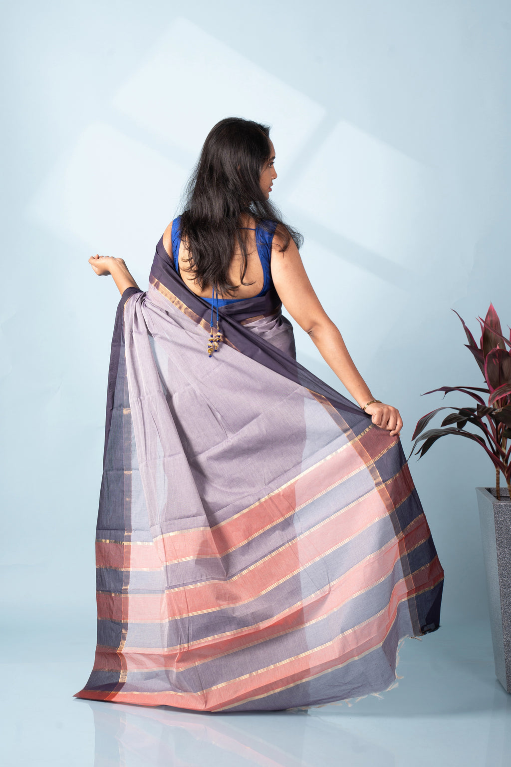 Studio rear view showcasing the drape, traditional weave pattern, and rich borders of the Kodiyala cotton saree