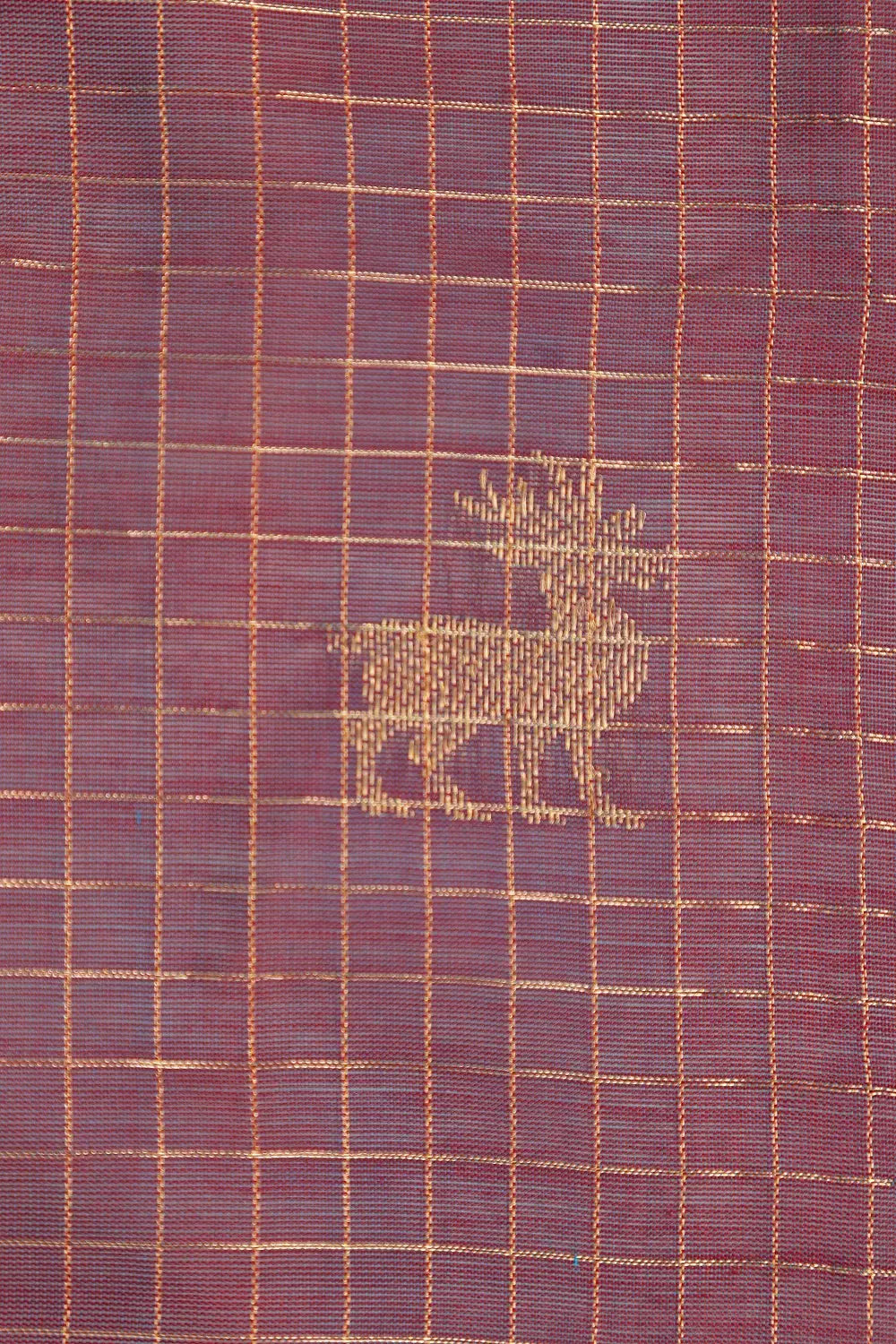 Detailed view of the woven animal motifs across the two-tone lavender silk cotton saree body