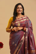 Two-tone lavender Kanchipuram handloom silk cotton saree with luminous gradient weave displayed by a model