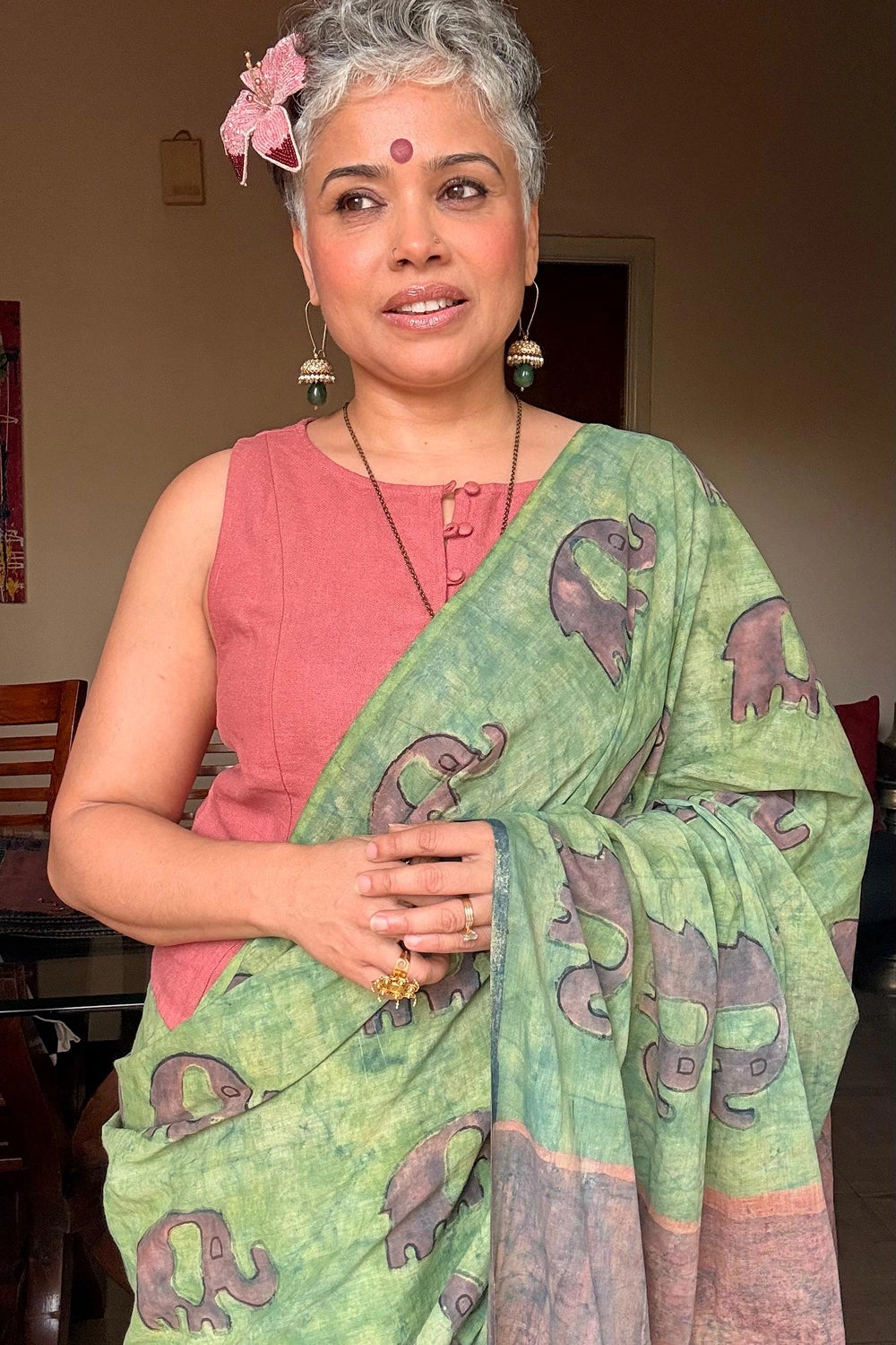 Elephant  March – Green, Red & Indigo Hand-Block Bagru Cotton Saree