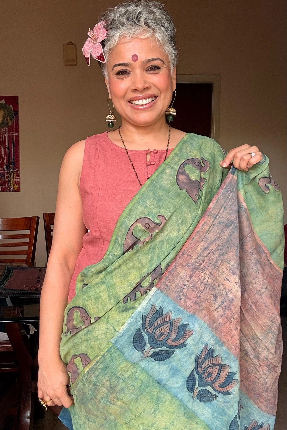Elephant  March – Green, Red & Indigo Hand-Block Bagru Cotton Saree