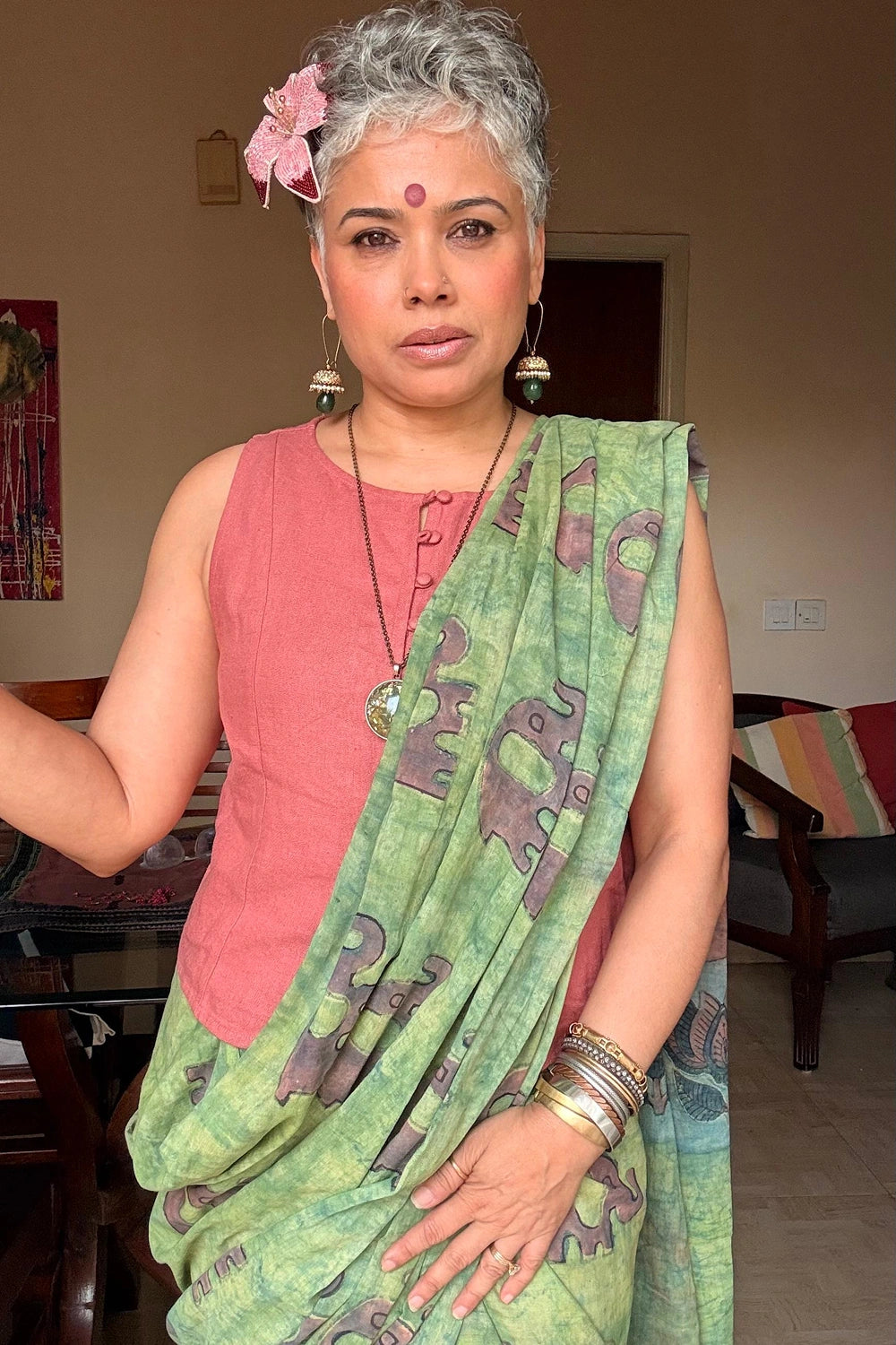 Elephant  March – Green, Red & Indigo Hand-Block Bagru Cotton Saree