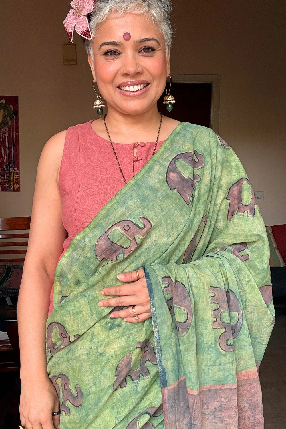 Elephant  March – Green, Red & Indigo Hand-Block Bagru Cotton Saree